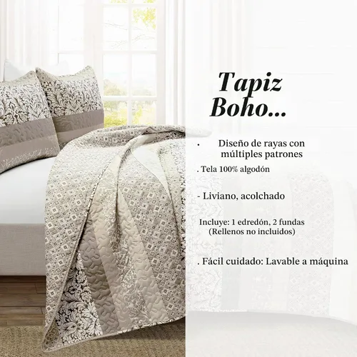 Vista 8 de Lush Decor Juego de edredón reversible de algodón con rayas boho de 3 piezas, tamaño full/queen, neutro - Juego de ropa de cama bohemio audaz