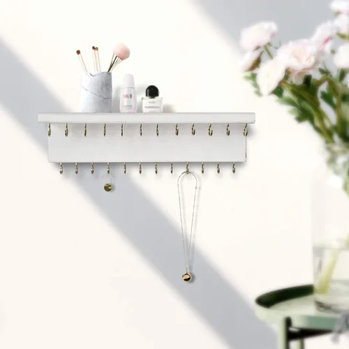 Vista 3 de SANY DAYO HOME Organizador de joyas con 24 ganchos y estante para cosméticos, 12 x 3 x 4 pulgadas, soporte de madera de pino rústico montado