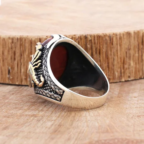 Vista 3 de Anillo de plata de ley 925 con ojo de tigre rojo y piedra escorpión