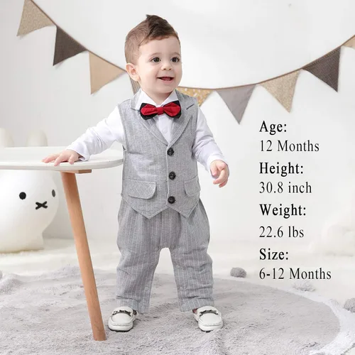 Vista 2 de Kgurtagh Trajes de traje para bebé niño, mameluco y chaleco y boina y pajarita (0-2T)