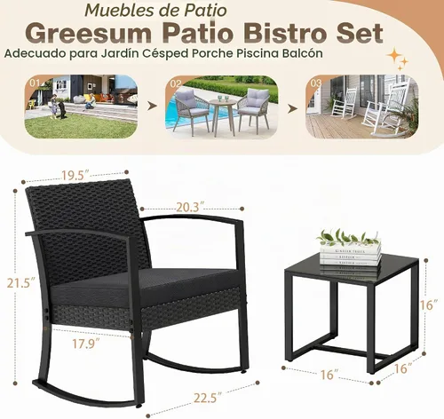 Vista 7 de Greesum Juego de muebles de exterior de 3 piezas para patio, bistró, mecedoras con mesa de centro de cristal para piscina, playa, patio, balcón Negro