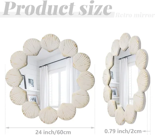 Vista 2 de Espejo redondo de concha, espejo de pared circular de madera costera de 24 pulgadas para baño, dormitorio, tocador, entrada, pasillo