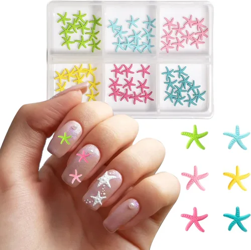 Vista 5 de 60 dijes de uñas de estrella de mar, aleación de verano, 3D, para decoración de uñas temática de playa, arte de uñas y fabricación de joyas