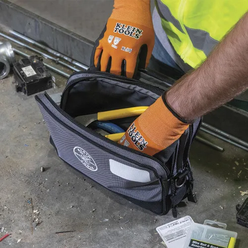 Vista 6 de Klein Tools Bolsa de herramientas, compartimentos dobles, organizador de bolsas de herramientas de alta resistencia, bolsa multiusos Gris