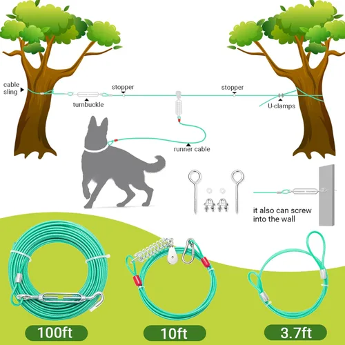 Vista 2 de Cable de amarre para perros, cable de 100 pies de largo para perro con cable de carrera de 10 pies para entrenamiento en el patio, correr, acampar