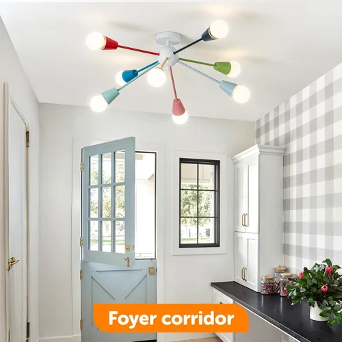 Vista 7 de Candelabro colorido, candelabro Sputnik moderno, 8 luces para niños con luces divertidas multicolor arcoíris para habitación de niños, sala