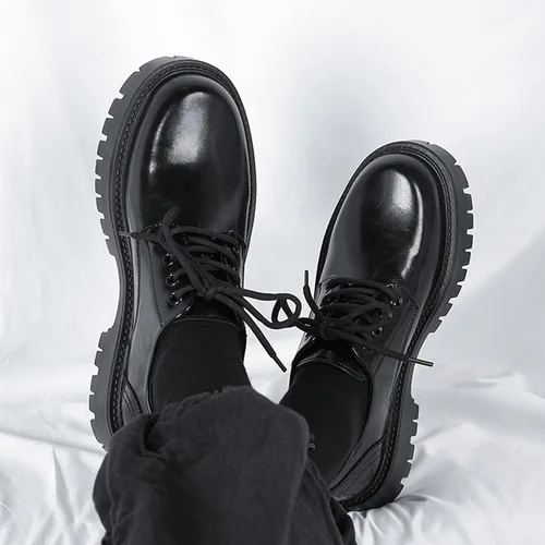 Vista 7 de Zapatos Oxford de cuero con cordones para hombre, plataforma, punta redonda, tacón grueso, suela con tacos, elevadores, suela suave, zapatos