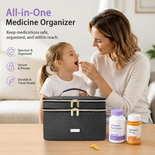Vista 2 de Lexeeco Bolsa para almacenamiento de medicinas Organizador de frascos de píldoras con bolsa pequeña portátil para viajes Organizador de frascos