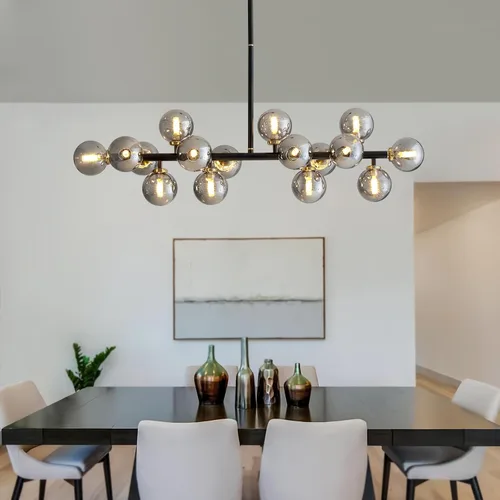 Vista 5 de 16 Luces Araña Moderna de Mediados de Siglo Negro Araña Lineal Accesorios de Iluminación Globo de Vidrio Luz Colgante Sputnik para Comedor Isla