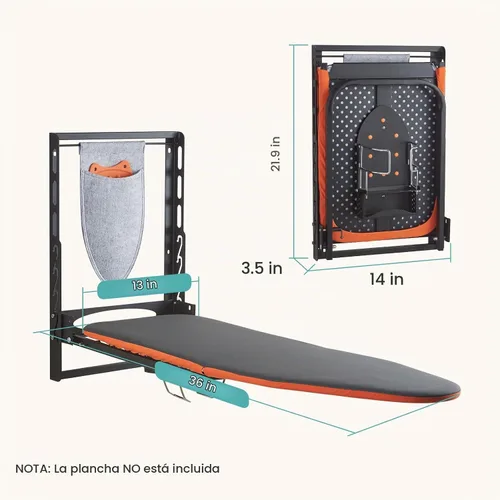Vista 7 de Seiritex Tabla de planchar montada en la pared con soporte para plancha, 36 x 13 pulgadas, tabla de planchar plegable de montaje compacto