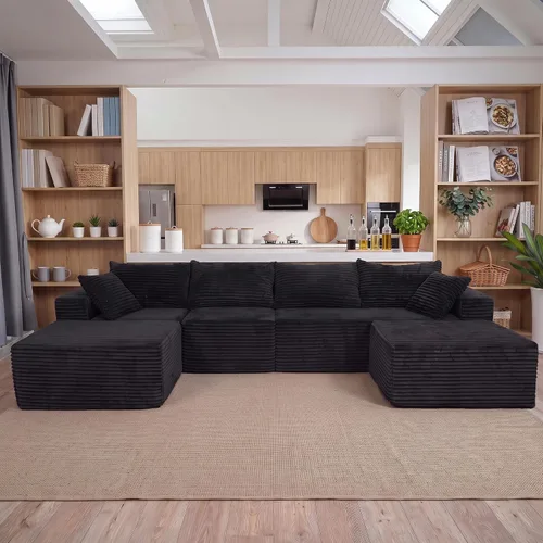 Vista 10 de Claiks Sofá modular de pana de 104 pulgadas sin hueso, asiento profundo de sofá modular de pana, no requiere montaje, color negro