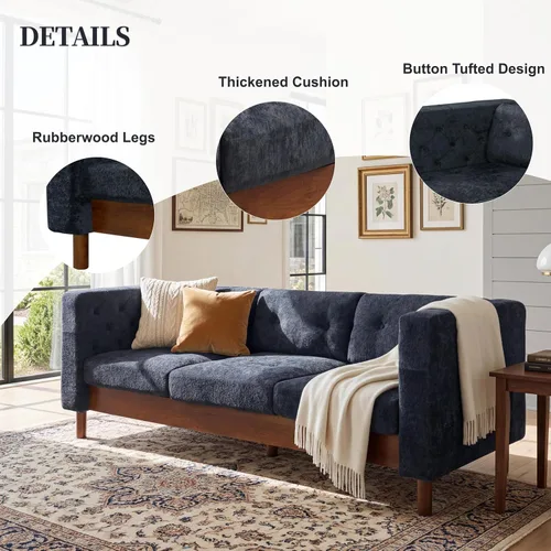 Vista 7 de French Country - Sofá de felpilla de 78 pulgadas con patas de madera de 78" 3 plazas azul