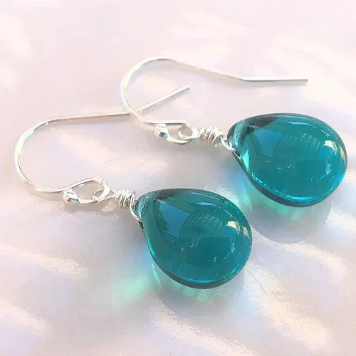 Vista 2 de Teal Green Wire Wrapped Smooth Glass Tear Drop Earrings Sterling Silver, Gifts For Christmas, Birthday, Valentines Day, Women, Her, Mom, Mothers