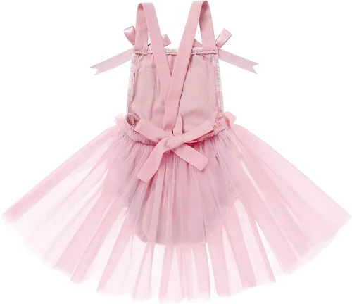 Vista 3 de ODASDO Conjunto de ropa de 2 piezas para bebé niña para primer cumpleaños con encaje y tutú de tul con diadema, conjunto de ropa de 2 piezas