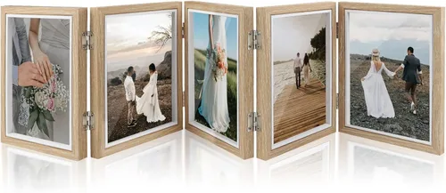 Vista 9 de Marco de fotos con 5 bisagras, marco de fotos plegable de 5 x 7 pulgadas con acrílico de alta definición, decoración de escritorio de collage