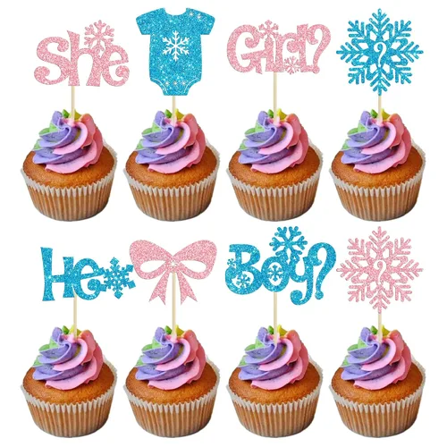 Vista 30 de Gyufise 24 piezas de copos de nieve Oh Baby Cupcake Toppers Glitter Winter Frozen Baby Shower Cupcake Picks para invierno, país de las maravillas