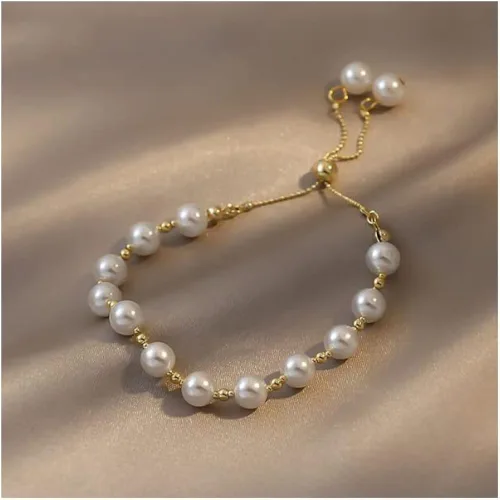 Vista 5 de Pulsera de perlas para mujer, pulsera deslizante ajustable dorada, pulsera de cadena delicada, regalo de dama de honor para niñas blancas, Sin gemas.