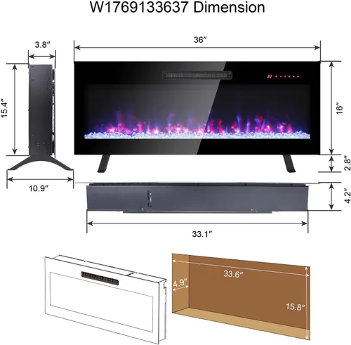 Vista 6 de Chimenea eléctrica ultrafina de 36 pulgadas, chimenea empotrada y montada en la pared, calentador de luz LED con control remoto, chimenea eléctrica