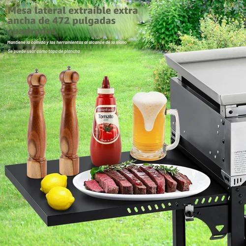 Vista 6 de MELLCOM Plancha de gas para exteriores de 3 quemadores de 30000 BTU con tapa (estante lateral), plancha portátil de superficie plana de 28 pulgadas