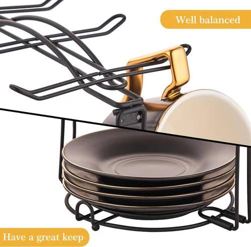 Vista 3 de Soporte para tazas de té, tazas de café y platillos, estante de almacenamiento plegable de metal para taza de espresso y capuchino, color negro