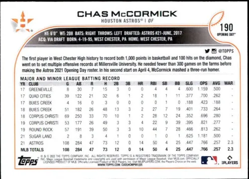 Vista 2 de 2022 Topps Opening Day #190 Chas McCormick RC Rookie Houston Astros MLB Baseball Trading Card