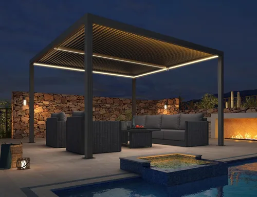 Vista 50 de PURPLE LEAF - Pérgola con listones de 10 x 12 pies, sistema de drenaje 94AS para patio, color gris Premium All-Aluminum Rustproof Build, Modern