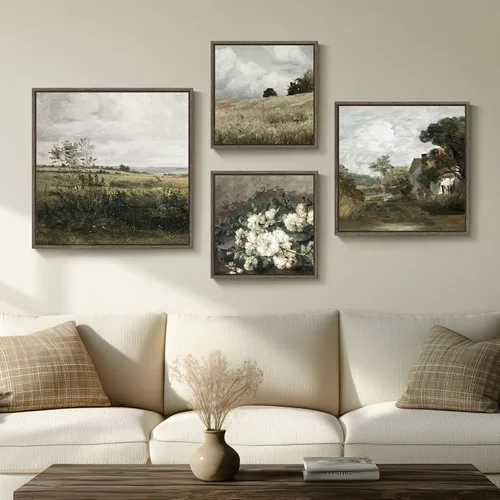 Vista 10 de 3 piezas de arte de pared en lienzo con marco vintage, gran impresión de granja de paisaje floral verde y árbol, obra de arte retro floral francesa