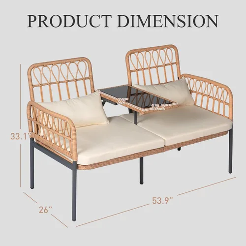 Vista 6 de PROHIKER Muebles de Patio Exterior Sofá de Amor de Ratán de 2 Asientos con Mesa Integrada, Almohadas Lumbares y Cojines, Sofá de Amor de Mimbre