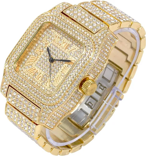 Vista 2 de Techno Pave Reloj de diamante cuadrado helado para hombre con caja totalmente helada, esfera romana helada, correa ajustable brillante, oro de 14