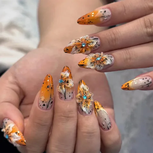 Vista 9 de Uñas postizas largas a presión con forma de almendra, color azul Seeneey
