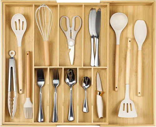 Vista 7 de Fabsome Organizador de cubiertos para cajones de cocina, bandeja de cubiertos de madera de bambú de 2.5 pulgadas de profundidad y 12.8 pulgadas
