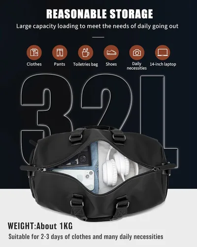 Vista 4 de Bolsa de viaje de cuero con bolsa para zapatos, bolsa de deporte de gimnasio, bolsa impermeable para fines de semana para hombres y mujeres, Negro