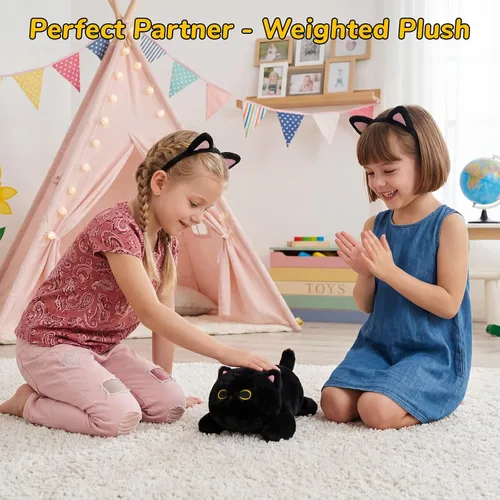 Vista 3 de Peluche de gato negro con peso, lindos animales de peluche con peso para niños, realista y suave, abrazable, regalo para niñas y niños