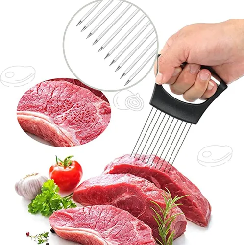 Vista 4 de Soporte de cebolla de acero inoxidable para cortar cebolla herramienta de corte con 10 puntas de corte de utensilios de cocina