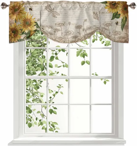 Vista 81 de Cortina de ventana ajustable con lazos para ventana, cenefa de cocina para sala de estar, arte abstracto, sol y arco iris, bolsillo para barra