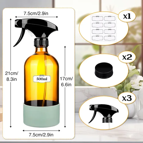 Vista 3 de ZENOWICK Paquete de 2/Botellas de Spray de Vidrio de 16 Oz, Recipientes Vacíos Rellenables con Funda de Silicona, Juegos de Botellas de Spray
