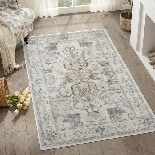 Vista 411 de jinchan Lima - Alfombra simétrica floral geométrica lavable, alfombra de entrada de medio círculo de 2 x 3, alfombra de media luna, suave y Azul
