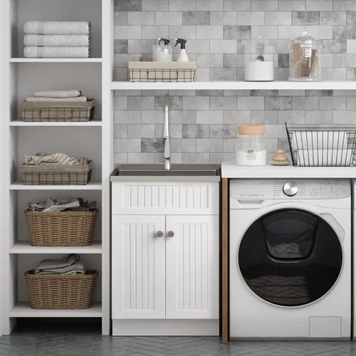 Vista 2 de SIMPLIHOME Beckham - Lavabo y armario de lavandería todo en uno de 24 pulgadas de ancho en acabado blanco puro, gabinete de fregadero de acero
