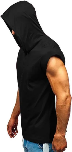 Vista 2 de Camiseta sin mangas con capucha para hombre, camiseta sin mangas con capucha para culturismo y corte muscular, camiseta sin mangas