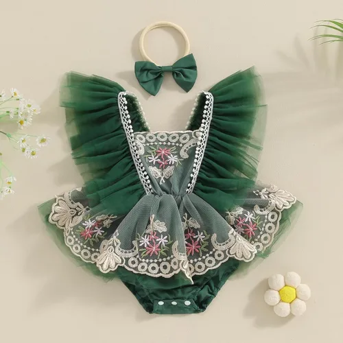 Vista 9 de Ursobutegl Mameluco de princesa para bebé recién nacida, vestido de malla bordado, elegante, tutú con falda, overol para cumpleaños