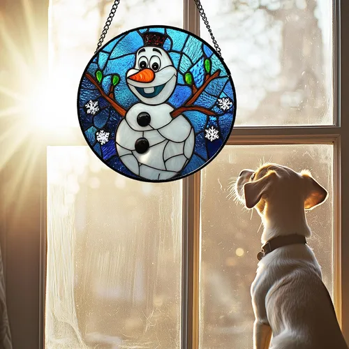 Vista 2 de Colgante de Vidrio Emplomado para Ventana Navidad Muñeco de Nieve Divertido 6.3" - Atrapasol Puerta Jardín Azul Blanco Copos de Nieve Atrapasol Año