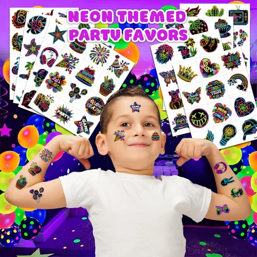 Vista 2 de 96 tatuajes temporales de neón precortados para recuerdos de fiesta de cumpleaños de niños Super Cute Glow In The Dark Themed Supplies Decorations