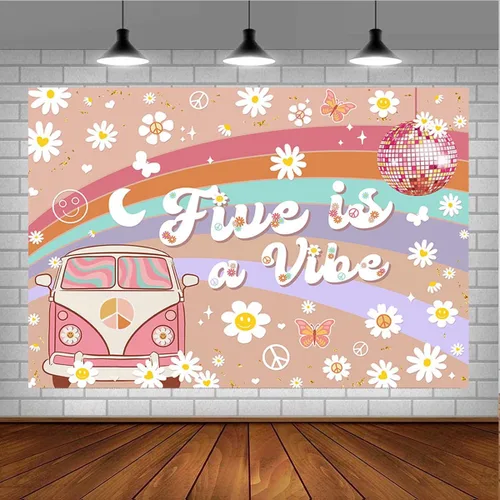 Vista 3 de Five is a Vibe Girl - Fondo de fotografía para fiesta de cumpleaños de 5 años, diseño de arco iris rosa, flores blancas pequeñas, telón de fondo