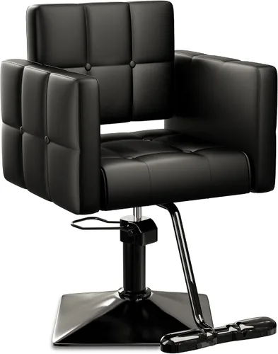 Vista 26 de Silla de salón profesional Baasha completamente negra, silla de estilo hidráulica de lujo con cuero PU suave, cojín de espuma de alta densidad, giro