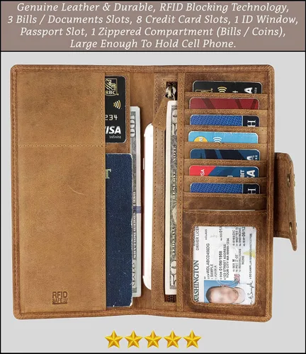 Vista 2 de Mou Meraki - Cartera larga de piel auténtica con bloqueo RFID plegable vintage para hombre