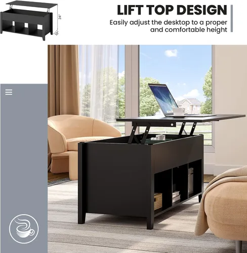 Vista 5 de NAFORT Mesa de centro de madera con compartimentos ocultos y estantes de almacenamiento, mesa central moderna para sala de estar, recepción, oficina