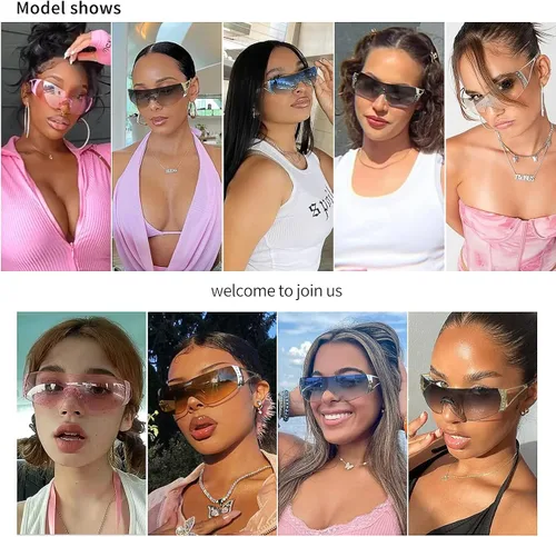 Vista 7 de Gafas de sol Y2K envolventes sin montura para mujeres y hombres, diseño de escudo futurista sin marco, protección UV