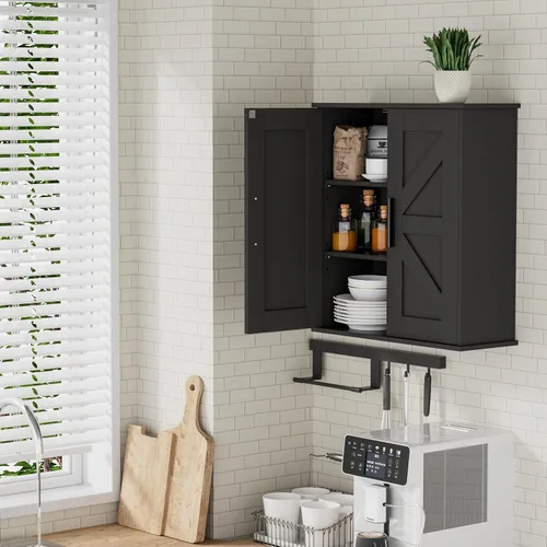 Vista 7 de Homleke Armario de pared para baño, armario de almacenamiento sobre inodoro con puertas de granero y estantes ajustables, botiquín de 3 niveles