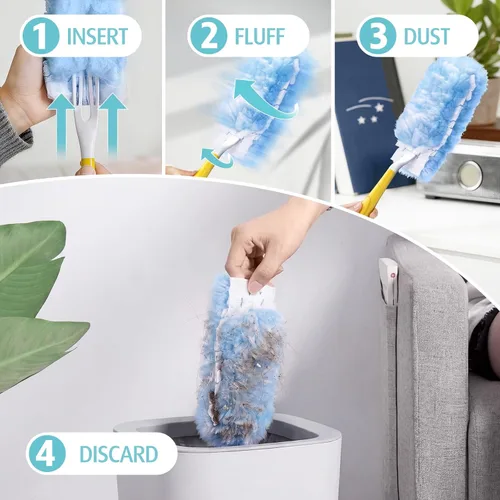 Vista 6 de Recambio de plumero para plumero Swiffer, 100 repuestos de plumero resistentes de 2 lados de 360°, 6 microfibras, plumeros desechables