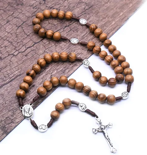 Vista 4 de Dreuyet Collar de rosario para hombres y mujeres, único, bohemio, hecho a mano, cuerda de cáñamo vintage, cuentas de madera natural, trenzadas
